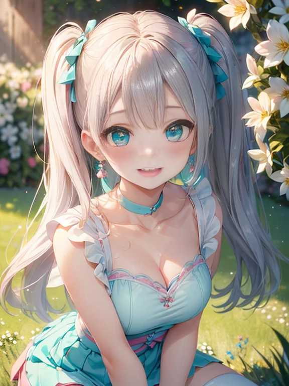 小さなgirl、The arrival of spring、big butt、 (alone:1.5,)Super detailed,bright colors, very beautiful detailed anime face and eyes, look straight, ;d, shiny_skin,girl, ((silver long hair,Inner color is red 、forehead is exposed.、green eyes、、shiny hair, delicate beautiful face, blush、(turquoise eyes), White skin, Valletta, earrings,、blue flower field、(((Floral pink outfit、white mini skirt)))、twin tails、smile、happy face、face dyed red