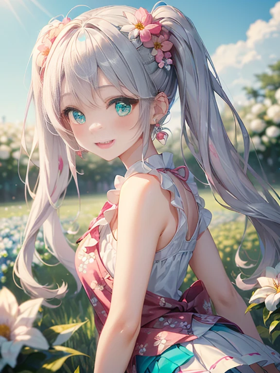 小さなgirl、The arrival of spring、big butt、 (alone:1.5,)Super detailed,bright colors, very beautiful detailed anime face and eyes, look straight, ;d, shiny_skin,girl, ((silver long hair,Inner color is red 、forehead is exposed.、green eyes、、shiny hair, delicate beautiful face, blush、(turquoise eyes), White skin, Valletta, earrings,、blue flower field、(((Floral pink outfit、white mini skirt)))、twin tails、smile、happy face、face dyed red