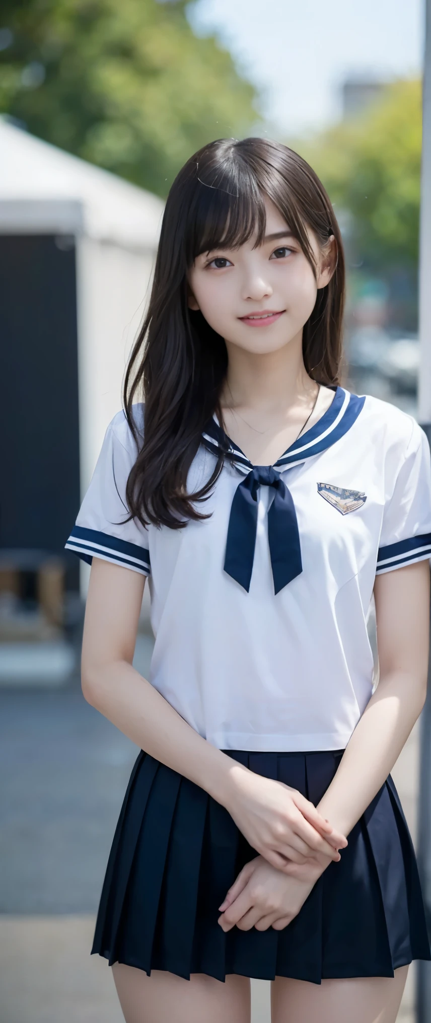 (masterpiece, highest quality:1.2), 8K, 12才のfull nudeの女の子, 85mm,Official AR RAW photo, スーパースリムなスレンダーbeautiful girl, (Navy blue short skirt、下Half bodyfull nude、short sleeveの白シャツ、show me your ears、naked girl photo shoot、full nude, cute face, close, Half body, biolace, gardenia, beautiful girl, , thighs, short sleeve, station platform、 looking at the viewer, no makeup, (big smile), film grain, chromatic aberration, sharp focus, face light, clear lighting, Ten generations, detailed face, background bokeh, (dark red tie:1.1)、((((((12 year old girl))))))、((((((12才のfull nude女子高生)))))、thin waist、shy pose、shy and nervous girl、Lonely sad face