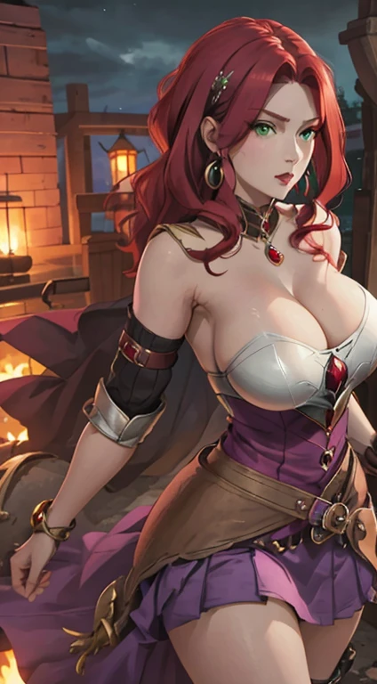 malty melromarc, upper body, 1girl, red jewelry, green eyes, red hair, steel armor, belt, cleavage, bare shoulders, purple skirt,big breasts, huge breasts