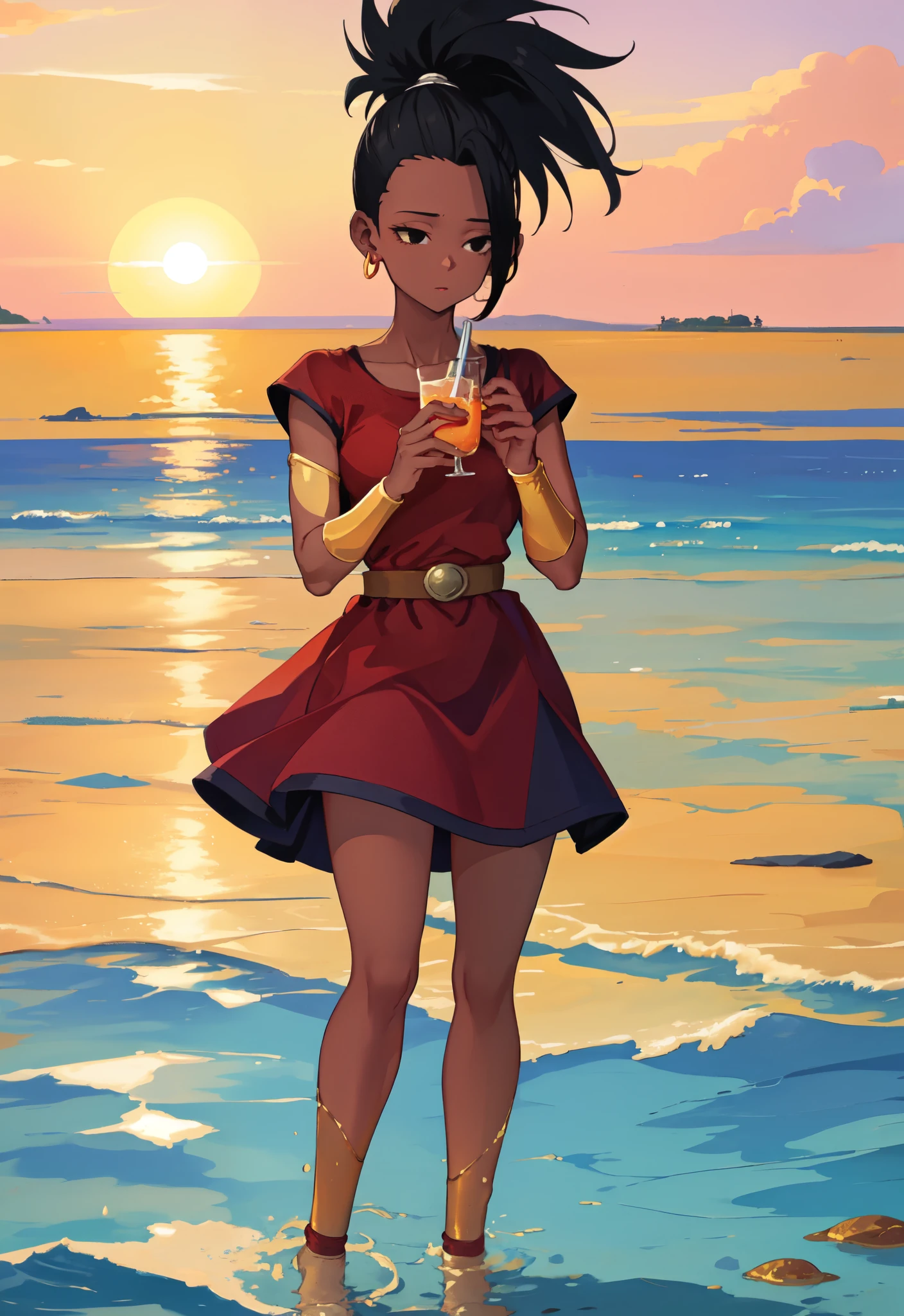 artwork, best quality, Kale, black eyes, ponytail, top cut, armband, red skirt, torso, standing, looking at viewer, nervous, On a paradisiacal beach, the golden evening sun bathes the golden sand and the crystal clear waves of the sea. The predominant colors are the deep blue of the ocean, the gold of the sun reflecting on the water and the warm orange of the sky at sunset. The character is standing at the water's edge ,wearing sunglasses and holding a glass of drink, her body is highlighted by sunlight, while gentle waves kiss her bare feet. The camera angle is medium to low, capturing your entire body in harmony with the stunning scenery around you. Best quality,very details,perfect anatomy, perfect hands, very details of your body