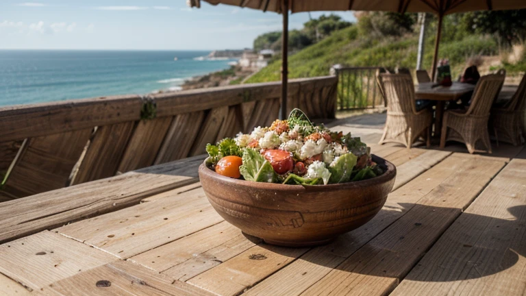 Delicious escarole lettuce, tomato, and crumbled goat cheese salad, drizzled with a bit of olive oil, served in a wooden bowl, on a table outdoors in an Italian seaside city with a view of the sea, traditional meal, high detail, realistic, natural lighting, warm tones, food art, Mediterranean vibes, inspirational composition, concept art quality, artwork by food artists, limited warm color palette, 4k resolution, depth of field, f1.4, ((Mejor calidad)), ((obra maestra)), (detallado)