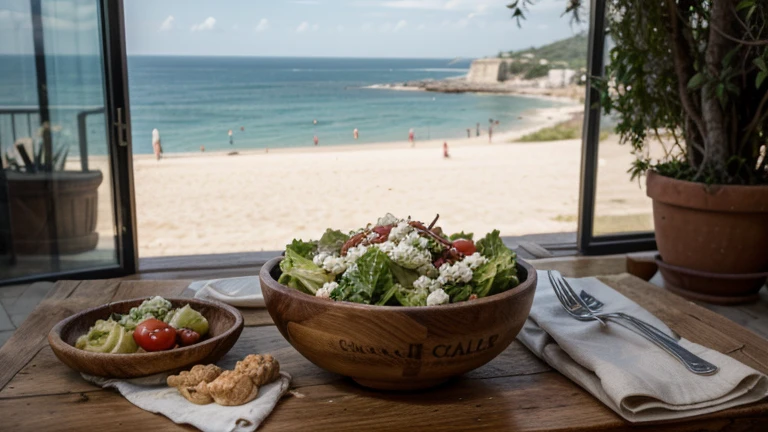 Delicious escarole lettuce, tomato, and crumbled goat cheese salad, drizzled with a bit of olive oil, served in a wooden bowl, on a table outdoors in an Italian seaside city with a view of the sea, traditional meal, high detail, realistic, natural lighting, warm tones, food art, Mediterranean vibes, inspirational composition, concept art quality, artwork by food artists, limited warm color palette, 4k resolution, depth of field, f1.4, ((Mejor calidad)), ((obra maestra)), (detallado)