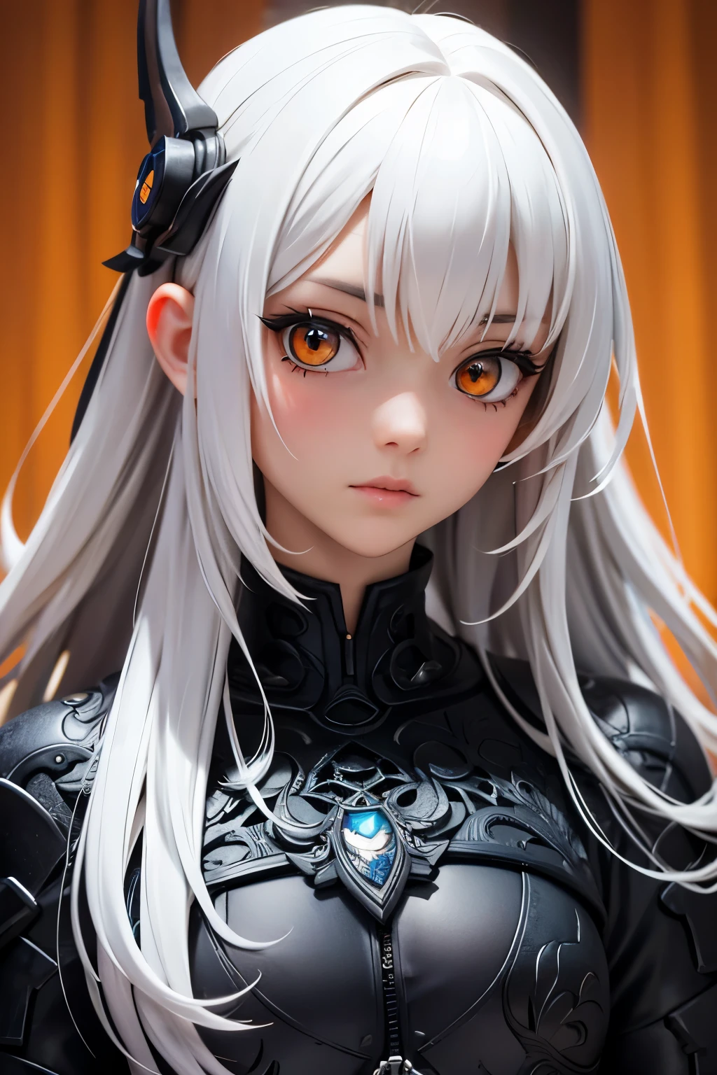 style of Tsutomu Nihei,(incredibly absurdres, (high resolution:1.18), intricate detail, (masterpiece:1.1), (highest quality:1.1), absurdres),(1girl, portrait, white hair, orange eyes, long hair, detailed eyes),