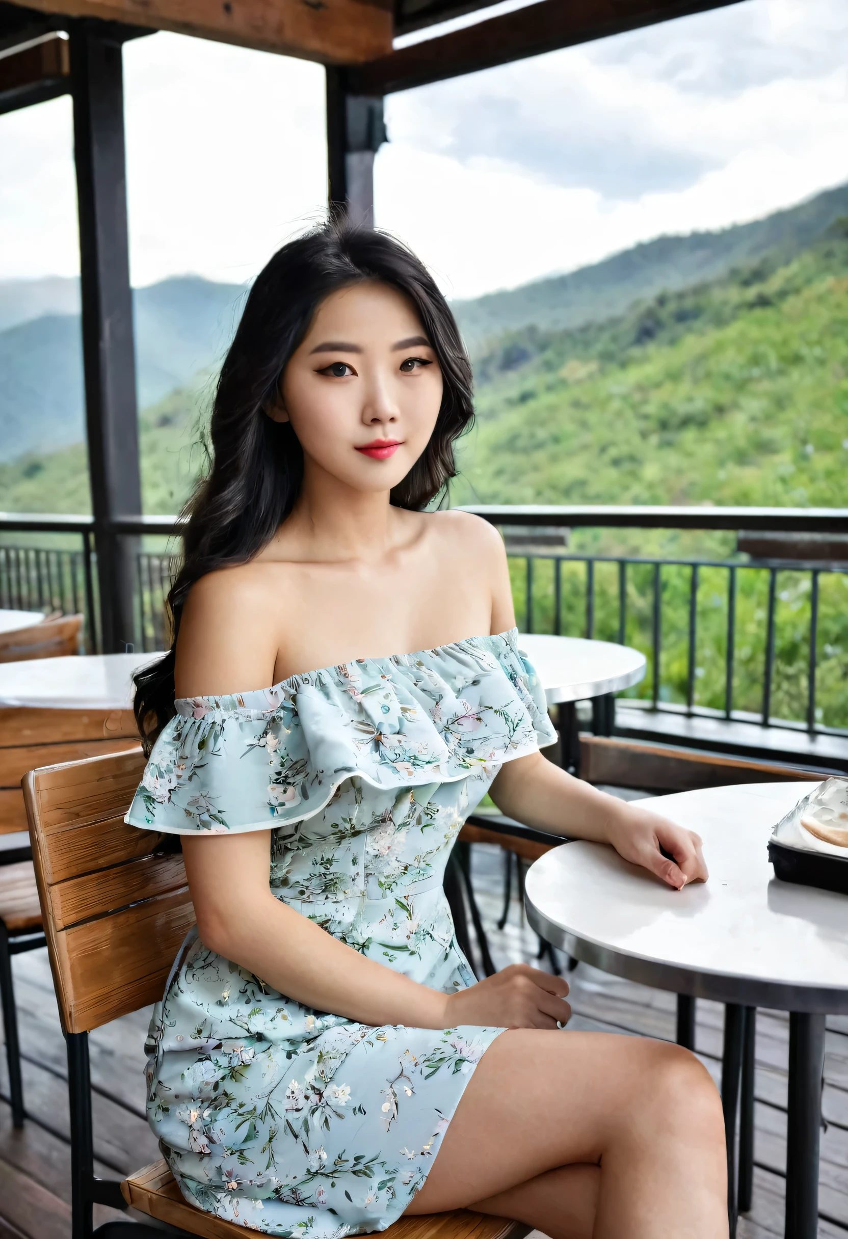 beautiful korean girl, long black hair, sitting on a chair in a cafe terrace, in the mountains, wearing a beautiful offshoulder dress