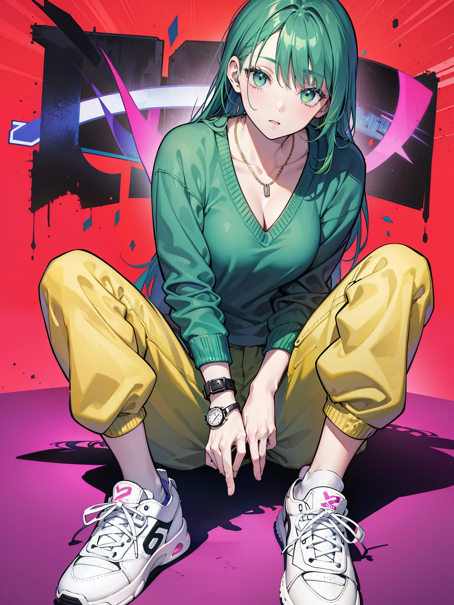 score_9, score_8_up, score_7_up, score_6_up, Comistyle, 1girl, can, cleavage, colored skin, full body, green hair, green lips, green skin, holding, long hair, looking at viewer, purple shirt, purple sweater, shirt, shoes, shorts, sitting, sneakers, socks, solo, sweater, v-neck, watch, white footwear, wristwatch, yellow background, art by John Byrne and Jim Lee