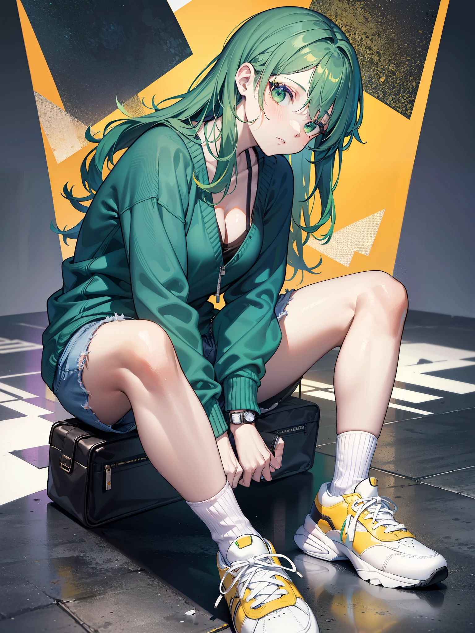 score_9, score_8_up, score_7_up, score_6_up, Comistyle, 1girl, can, cleavage, colored skin, full body, green hair, green lips, green skin, holding, long hair, looking at viewer, purple shirt, purple sweater, shirt, shoes, shorts, sitting, sneakers, socks, solo, sweater, v-neck, watch, white footwear, wristwatch, yellow background, art by John Byrne and Jim Lee 