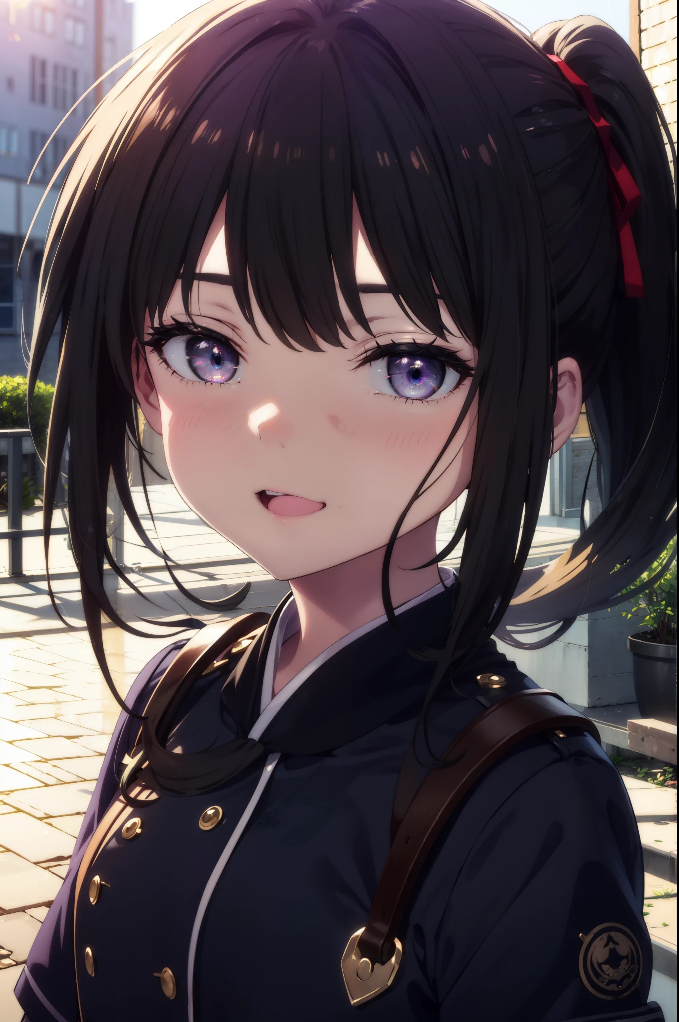 Takiuchi Kame, check it out, long hair, bangs, black hair, (purple eyes:1.2),ponytail,happy smile, smile, open your mouth,
Blue sailor suit,青色プリーツskirt,black pantyhose,brown loafers,happy smile, smile, open your mouth,skirt,morning,morning日,the sun is rising,
break outdoors,In town,building street,
break looking at viewer, whole body,(cowboy shot:1.5),
break (masterpiece:1.2), highest quality, High resolution, unity 8k wallpaper, (figure:0.8), (detailed and beautiful eyes:1.6), highly detailed face, perfect lighting, Very detailed CG, (perfect hands, perfect anatomy),