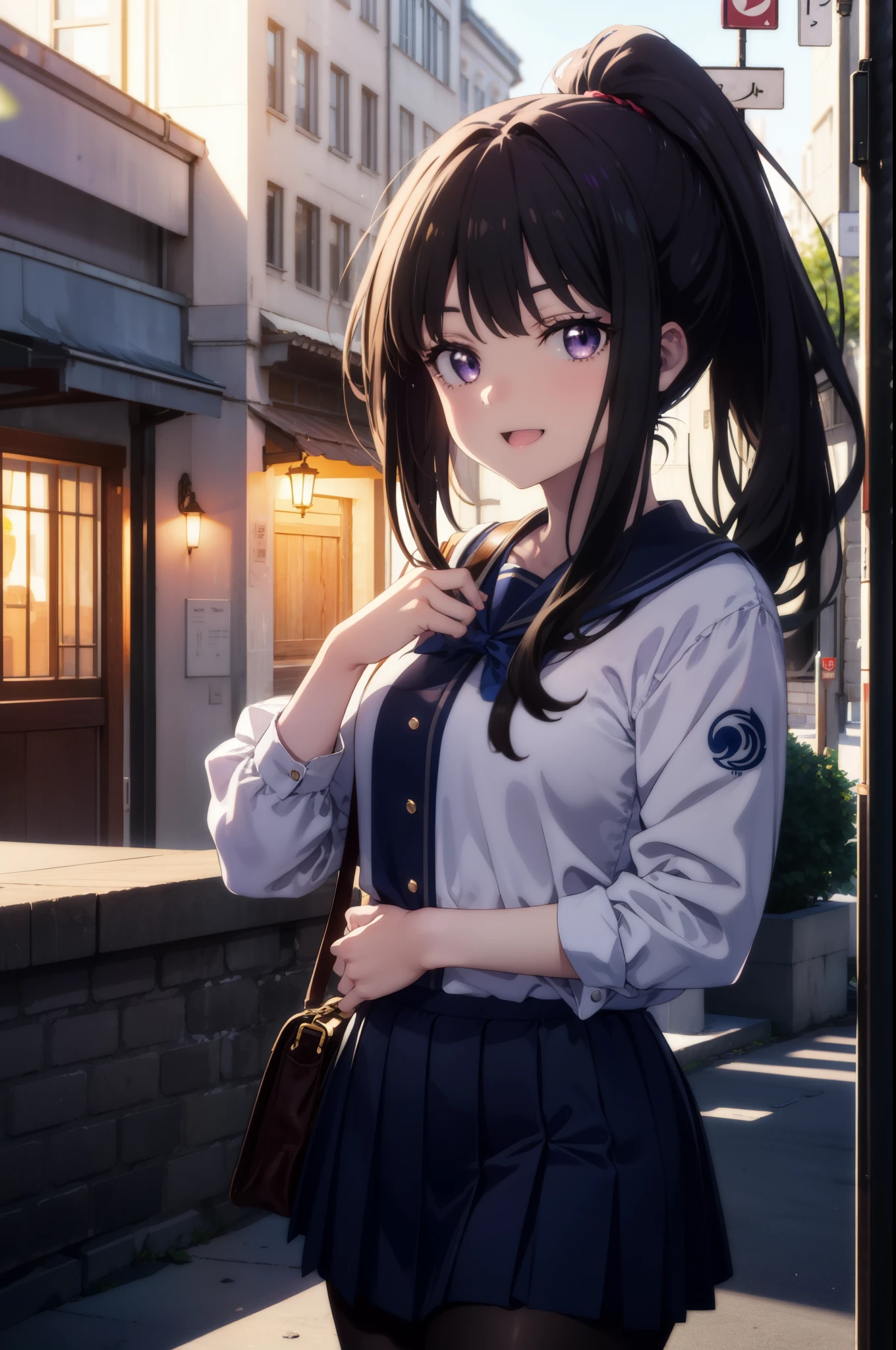 Takiuchi Kame, check it out, long hair, bangs, black hair, (purple eyes:1.2),ponytail,happy smile, smile, open your mouth,
Blue sailor suit,青色プリーツskirt,black pantyhose,brown loafers,happy smile, smile, open your mouth,skirt,morning,morning日,the sun is rising,
break outdoors,In town,building street,
break looking at viewer, whole body,(cowboy shot:1.5),
break (masterpiece:1.2), highest quality, High resolution, unity 8k wallpaper, (figure:0.8), (detailed and beautiful eyes:1.6), highly detailed face, perfect lighting, Very detailed CG, (perfect hands, perfect anatomy),