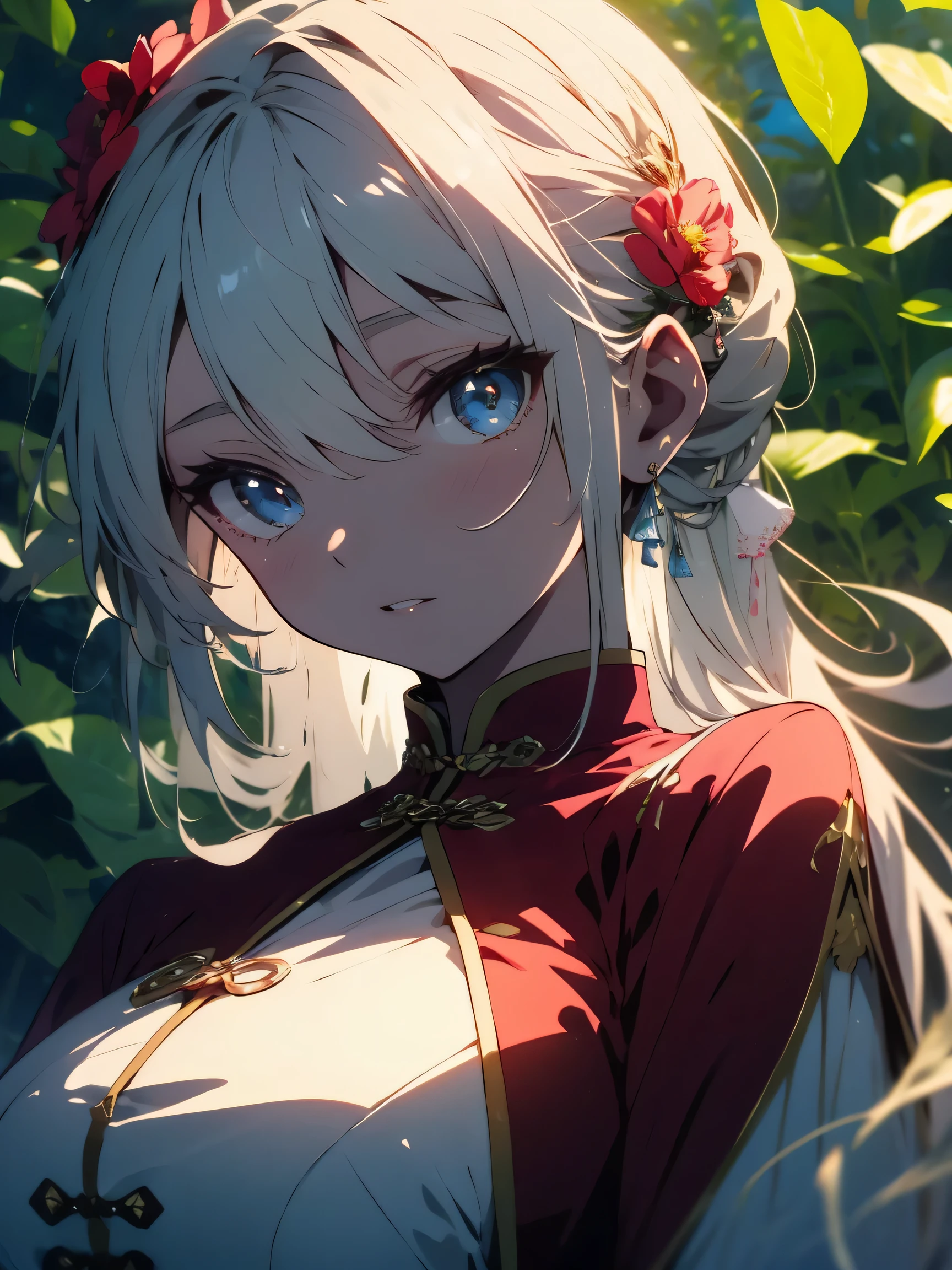 (highest quality、masterpiece、High resolution、detailed)、(Shining eyes、detailed beautiful face)、4K, BREAK,1girl,bush,fashi-girl,china dress,chinese clothes,hair flower,(masterpiece:1.4),(best quality:1.4),(shiny skin),red lips,, BREAK,looking at viewer,big breasts,cleft lip, BREAK,(beautiful anime)