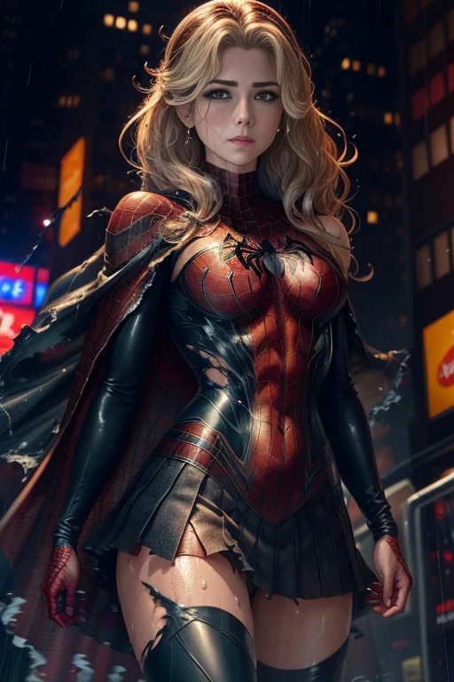 Emily Bett Rickards、マーベル・コミック映画のposter, very beautiful, movies about spiderman, sexy, whole body, I'm wearing a skirt、premiere date, poster、belly buttonを突き出す、new york、she's wearing a torn spiderman suit,the suit is torn、wearing a skirt、 red and black color scheme,dynamic、masterpiece、highest quality、super detailed、very detailed、Detailed beautiful shine、超A high resolution、cinematic,tear,teardrop,(torn clothes:1.5), (wet clothes:1.4), bare shoulders,real rain,wet hair,belly button、exposing skin、sexyな肩を見せてる