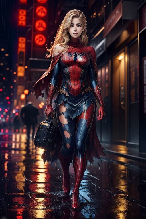 Emily Bett Rickards、マーベル・コミック映画のposter, very beautiful, movies about spiderman, sexy, whole body, I'm wearing a skirt、premiere date, poster、belly buttonを突き出す、new york、she's wearing a torn spiderman suit,the suit is torn、wearing a skirt、 red and black color scheme,dynamic、masterpiece、highest quality、super detailed、very detailed、Detailed beautiful shine、超A high resolution、cinematic,tear,teardrop,(torn clothes:1.5), (wet clothes:1.4), bare shoulders,real rain,wet hair,belly button、exposing skin、sexyな肩を見せてる