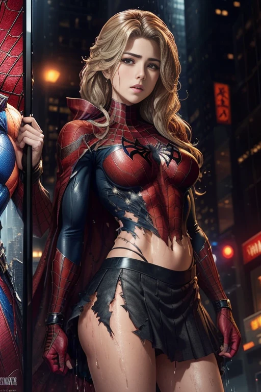 Emily Bett Rickards、マーベル・コミック映画のposter, very beautiful, movies about spiderman, sexy, whole body, I'm wearing a skirt、premiere date, poster、belly buttonを突き出す、new york、she's wearing a torn spiderman suit,the suit is torn、wearing a skirt、 red and black color scheme,dynamic、masterpiece、highest quality、super detailed、very detailed、Detailed beautiful shine、超A high resolution、cinematic,tear,teardrop,(torn clothes:1.5), (wet clothes:1.4), bare shoulders,real rain,wet hair,belly button、exposing skin、sexyな肩を見せてる