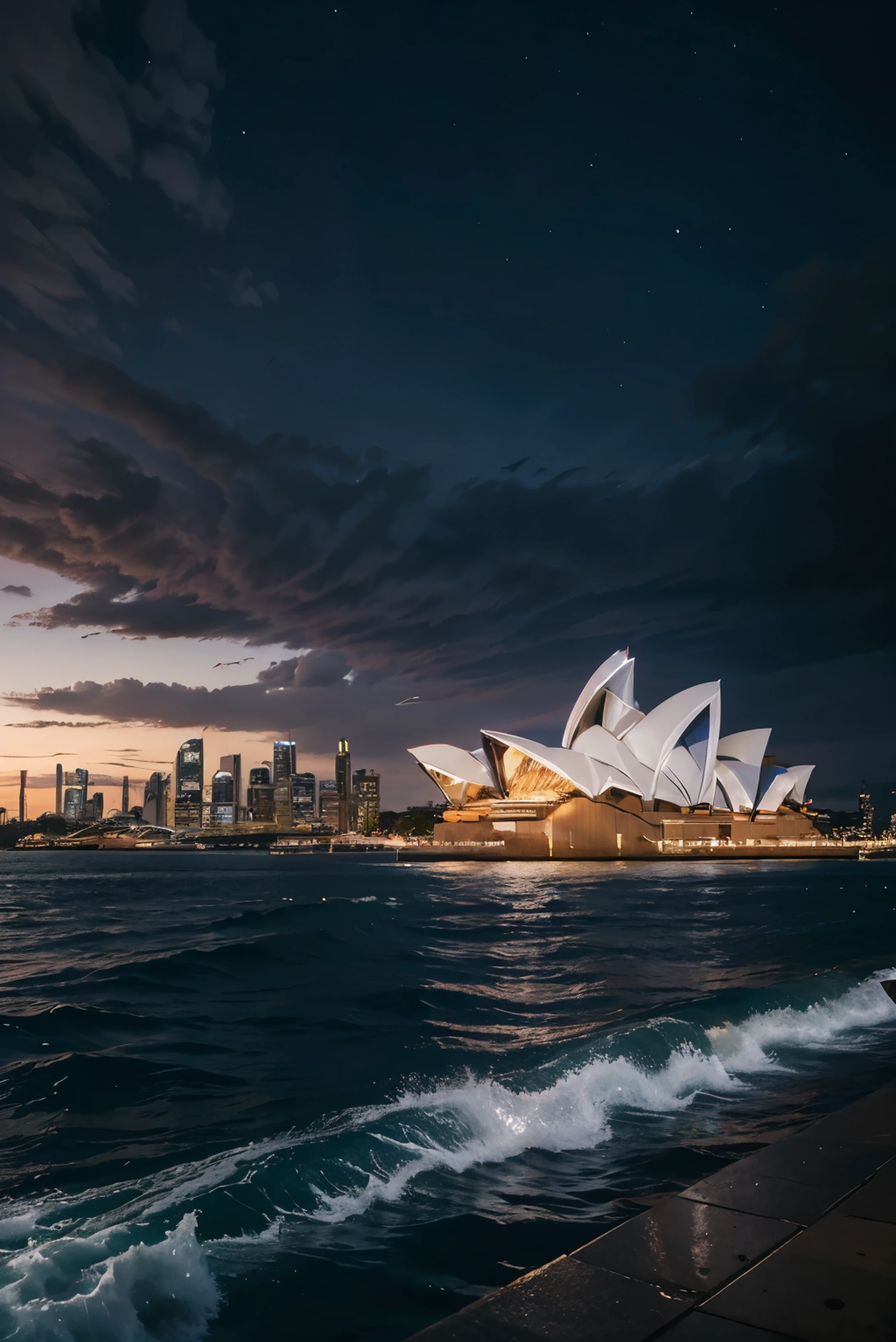 "Create a dynamic and captivating skyline depiction of SYDNEY, OPERA HOUSE, utilizing a vibrant palette of colors to convey the city's energy and diversity. Capture the iconic skyscrapers, bustling streets, and the pulsating rhythm of urban life against the backdrop of a colorful sky. Let your imagination soar as you infuse the scene with atmosphere, character, and a sense of awe-inspiring beauty."