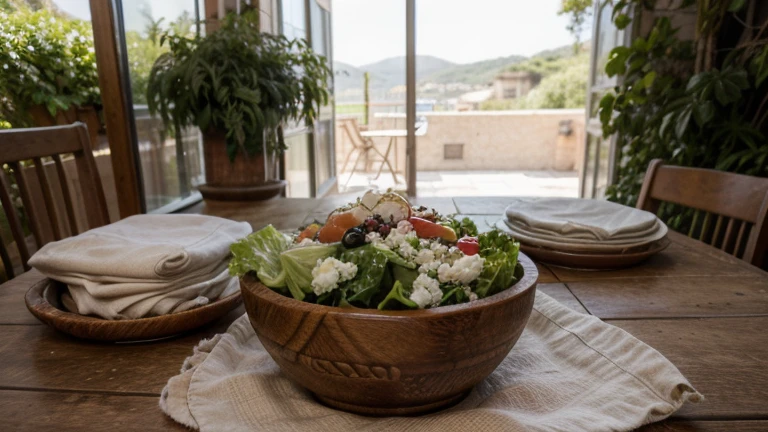 Delicious escarole lettuce, tomato, and crumbled goat cheese salad, drizzled with a bit of olive oil, served in a wooden bowl, on a table outdoors in an Italian seaside city, in the morning, traditional meal, high detail, realistic, natural lighting, warm tones, food art, Mediterranean vibes, inspirational composition, concept art quality, artwork by food artists, limited warm color palette, 4k resolution, depth of field, f1.4, ((Mejor calidad)), ((obra maestra)), (detallado)
