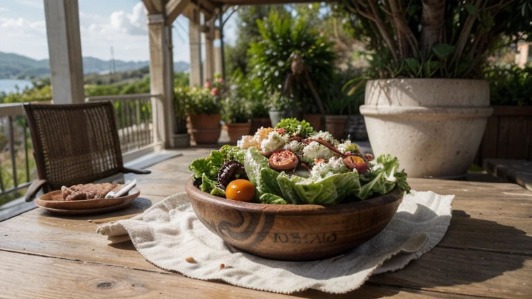 Delicious escarole lettuce, tomato, and crumbled goat cheese salad, drizzled with a bit of olive oil, served in a wooden bowl, on a table outdoors in an Italian seaside city, in the morning, traditional meal, high detail, realistic, natural lighting, warm tones, food art, Mediterranean vibes, inspirational composition, concept art quality, artwork by food artists, limited warm color palette, 4k resolution, depth of field, f1.4, ((Mejor calidad)), ((obra maestra)), (detallado)