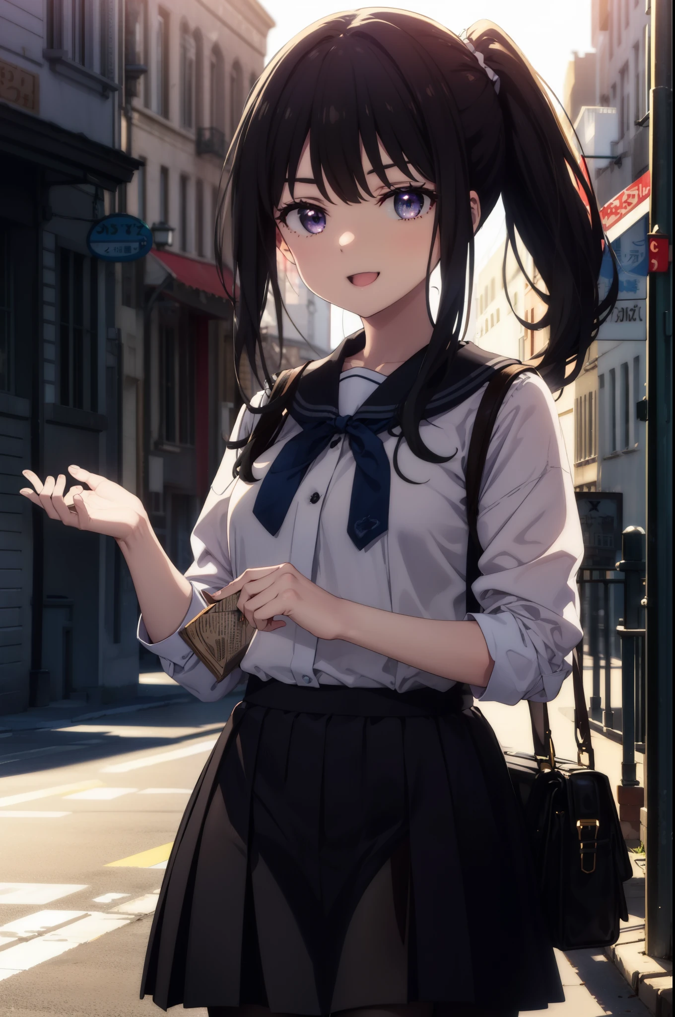 Takiuchi Kame, check it out, long hair, bangs, black hair, (purple eyes:1.2),ponytail,happy smile, smile, open your mouth,
Blue sailor suit,青色プリーツskirt,black pantyhose,brown loafers,happy smile, smile, open your mouth,skirt,morning,morning日,the sun is rising,
break outdoors,In town,building street,
break looking at viewer, whole body,(cowboy shot:1.5),
break (masterpiece:1.2), highest quality, High resolution, unity 8k wallpaper, (figure:0.8), (detailed and beautiful eyes:1.6), highly detailed face, perfect lighting, Very detailed CG, (perfect hands, perfect anatomy),