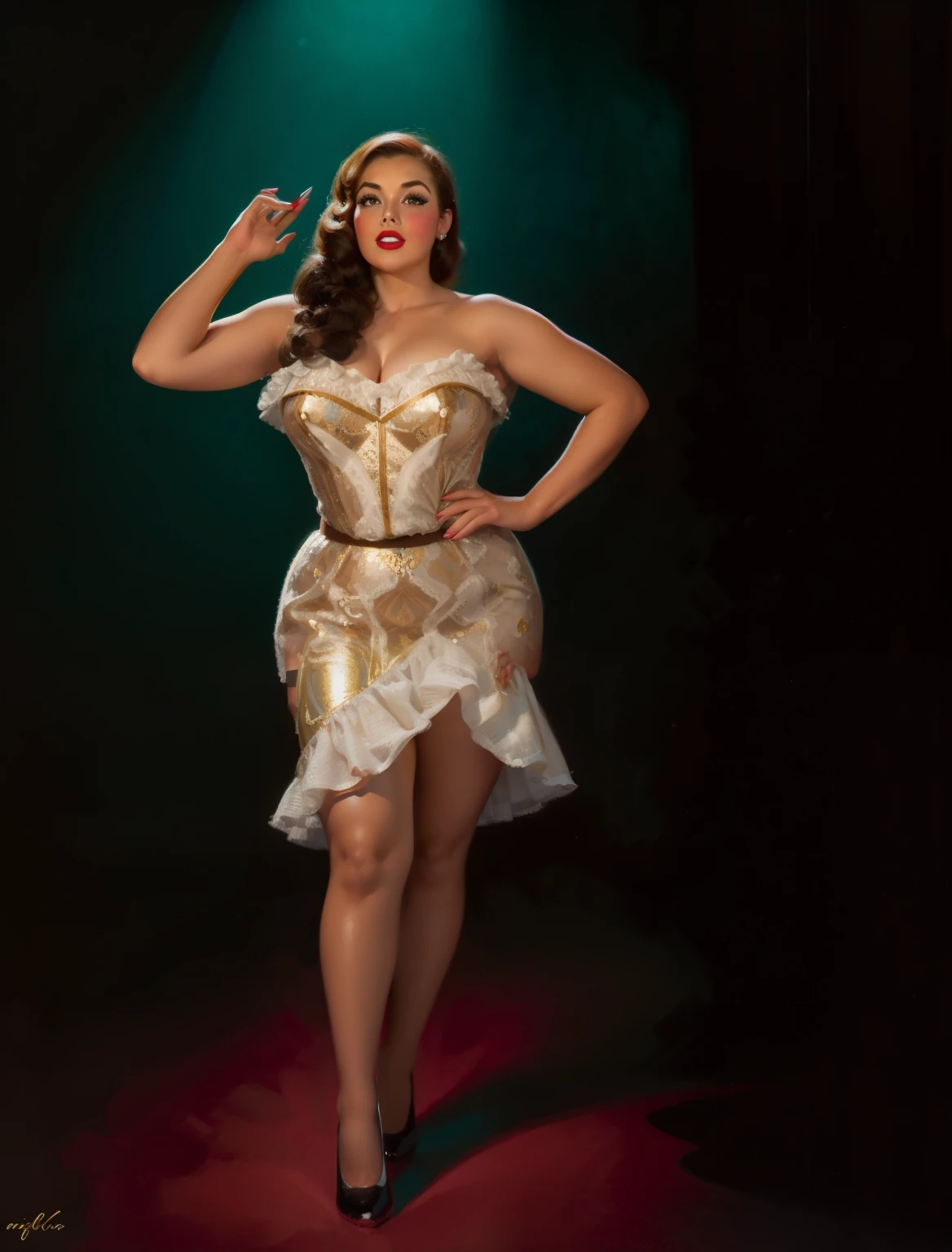 20 year old girl, curvy, con ropa de cromo, pecho mediano, piel brillante, dramatic lighting, estilo pin-up, sexy, sorprendido, , vistoso , obras maestras, ilustrado, piel brillante, cara detallada, pecho mediano. cuerpo apretado. PELO rubio, ilustrado por Zoe Mozert, Fijar art byZoe Mozert, pin up vintage, ilustrado por Zoe Mozert, girl Fijar, Fijar girl, chica pin-up del cartel, chica pin-up, Fijar, chica pin-up, cara detallada, manos detalladas, Piernas detalladas,
