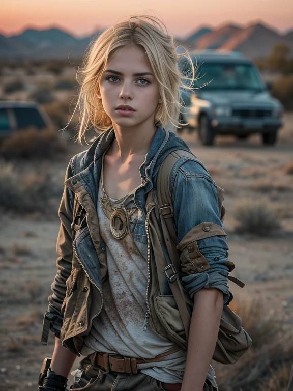 Masterpiece, Transitioning to a desert landscape at sunset, a lone figure, a beautiful 13 years old American tween girl emerges wearing beautiful post apocalyptic nomadic clothes, white skin, blonde hair, blue-grey eyes, freckles on face, skinny running body, very small breasts, very detailed face, ultra realistic face, very beautiful face, clean but tired face, young looking, very young, juvenile, post-apocalyptic clothing. Layers of tattered fabric, unconventional accessories, and a weathered look create an aura of survival and resilience, 16K, ultra high res.photorealistic, UHD, RAW, DSLR