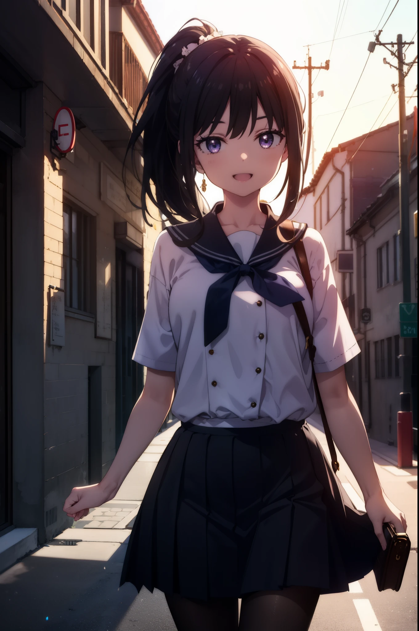 Takiuchi Kame, check it out, long hair, bangs, black hair, (purple eyes:1.2),ponytail,happy smile, smile, open your mouth,
Blue sailor suit,青色プリーツskirt,black pantyhose,brown loafers,happy smile, smile, open your mouth,skirt,morning,morning日,the sun is rising,
break outdoors,In town,building street,
break looking at viewer, whole body,(cowboy shot:1.5),
break (masterpiece:1.2), highest quality, High resolution, unity 8k wallpaper, (figure:0.8), (detailed and beautiful eyes:1.6), highly detailed face, perfect lighting, Very detailed CG, (perfect hands, perfect anatomy),