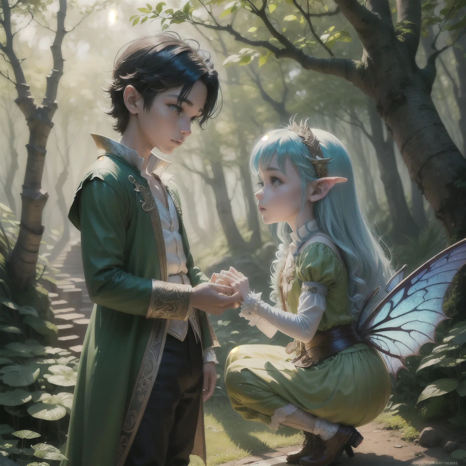 Male fairy with thin dragonfly-type insect wings, tall man, light complexion, slim build, sky blue eyes, short black hair, prince elf tunic in blue and green colors with leaf details, wearing a tiara on his head