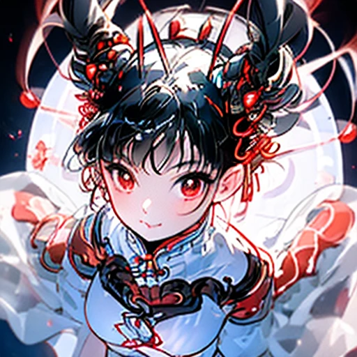 Cute Devil、25 year old female、Floating in the sky, looking down on the ground、perfect face、perfect style、Two antennae on the head、A thin tail on the buttocks