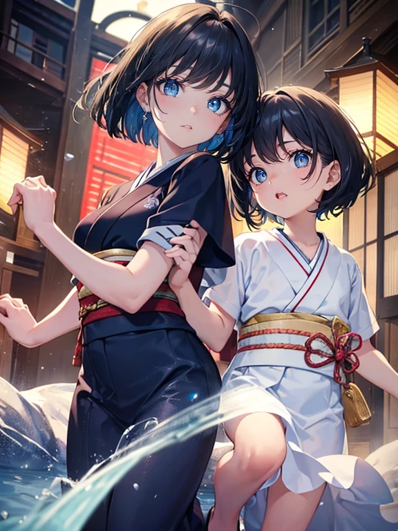 A (masterpiece, of the highest quality, ultra-detailed), featuring ((a 5-year-old girl and a 5-year-old boy)), with black and navy bob-cut hair, finely sculpted facial features, blue eyes, and fair skin, adorned in traditional Japanese kimonos, with sparkling eyes, laughing with mouths open, experiencing the utmost joy, striking dynamic poses ((while holding hands)).
