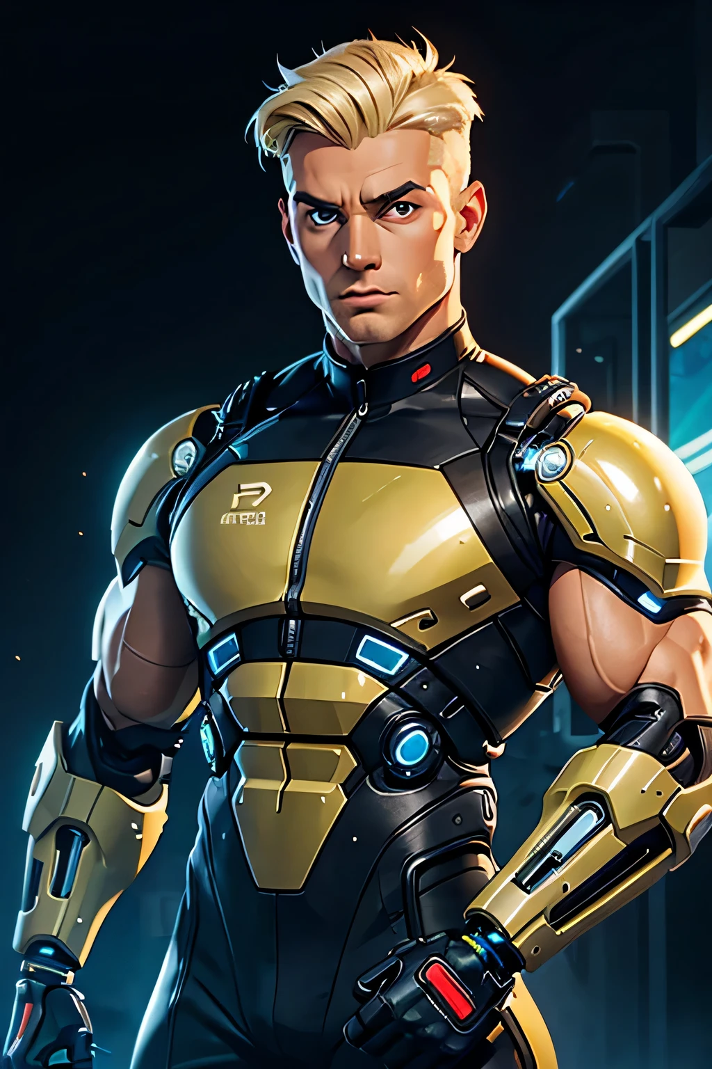 1 man, Croatian, blonde hair, wide framed, muscular in futuristic outdoor/work clothing, with a single cybernetic arm, add dark plain backdrop