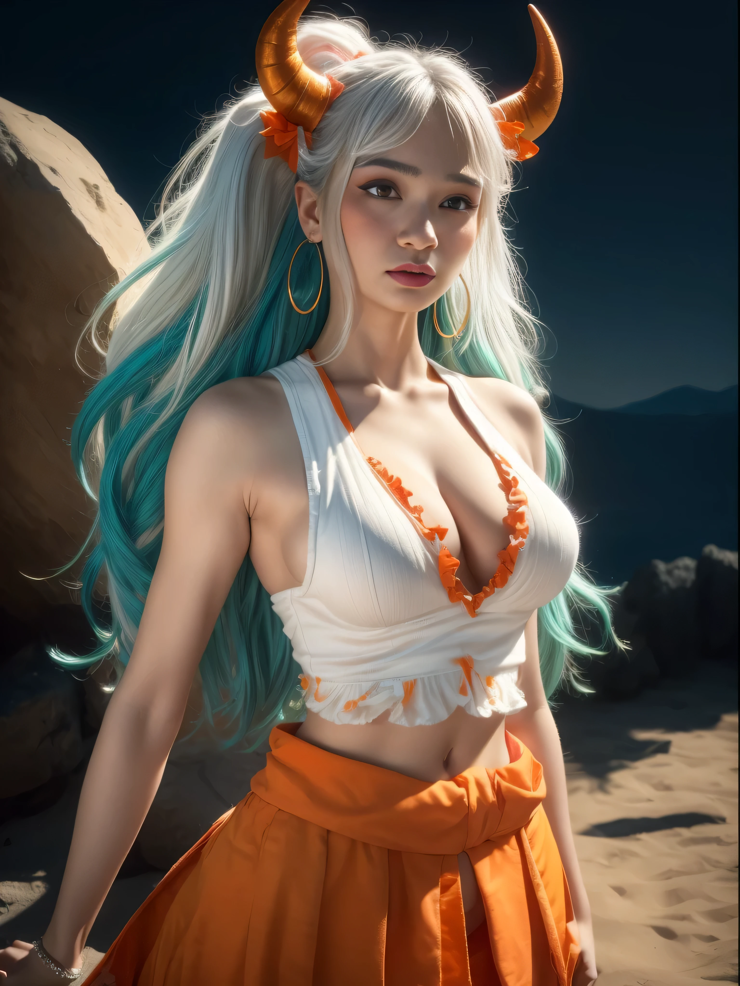 ultra realistic 8k cg, masterpiece, ((ultra detailed background, delicate pattern, intricate detail)), (highly detailed, fine details), best quality, (photorealistic:1.4),beautiful lighting,  absurdres, RAW photo, film grain, ((medium breasts, slim girl)), Yamato, long hair, 1girl, horns, white hair, (solo), oni, red horns, curled horns, hair ornament, (multicolored horns), jewelry, earrings, japanese clothes, hair stick, sleeveless, bare shoulders, aqua hair, sidelocks, hoop earrings, white crop top shirt and orange skirt with frills, lustful look, ((orange eyes, slim waist, large breasts)), (complex detailed background, barren land, moon, full body shot), from head to toe, thigh high socks