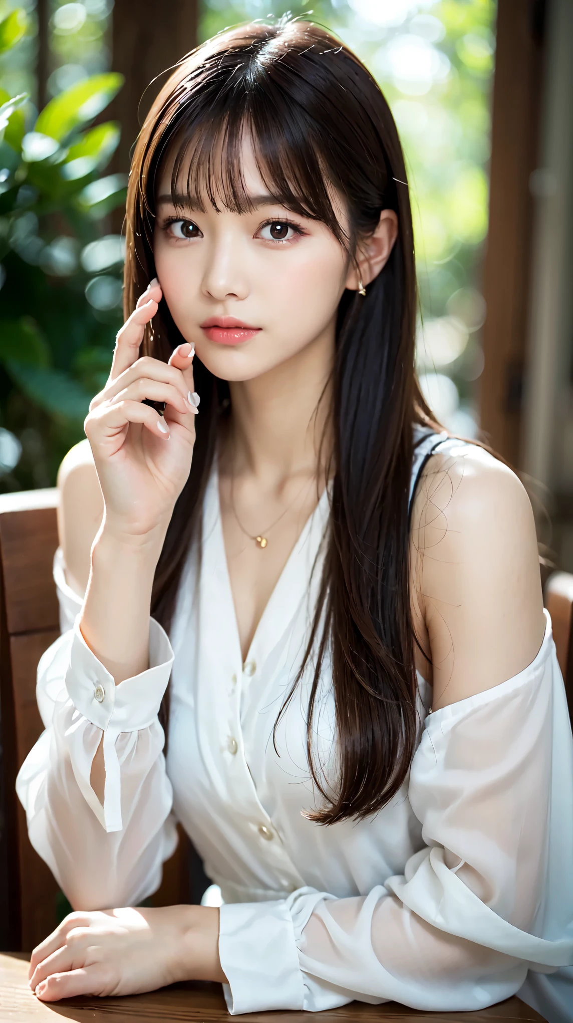 1 female, close up of face, Medium chest, light brown hair, dull bangs, hair behind the ear, shoulder hair, long hair, slender body shape, Extra-fine face, thin face, delicate lips, beautiful eyes, light blush, eyes are light brown, perfect shiny skin, perfect skin, Shining sweat,take a look here, ultra thin hands, extra thin fingers, Optimal ratio of 4 fingers and 1 thumb, (realistic:1.3), finger extension, see-through white blouse. broad-leaved forest, one person&#39;point of view, fujifilm, f/1.2, 8K, table top, nffsw, Super detailed, high quality, 最high quality, High resolution,