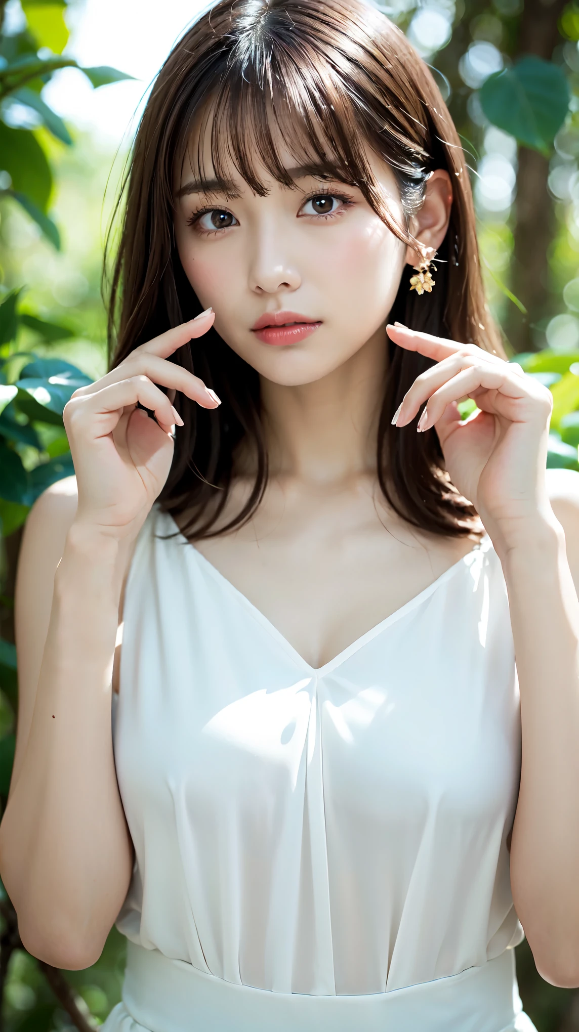 1 female, close up of face, Medium chest, light brown hair, dull bangs, hair behind the ear, shoulder hair, long hair, slender body shape, Extra-fine face, thin face, delicate lips, beautiful eyes, light blush, eyes are light brown, perfect shiny skin, perfect skin, Shining sweat,take a look here, ultra thin hands, extra thin fingers, Optimal ratio of 4 fingers and 1 thumb, (realistic:1.3), finger extension, see-through white blouse. broad-leaved forest, one person&#39;point of view, fujifilm, f/1.2, 8K, table top, nffsw, Super detailed, high quality, 最high quality, High resolution,