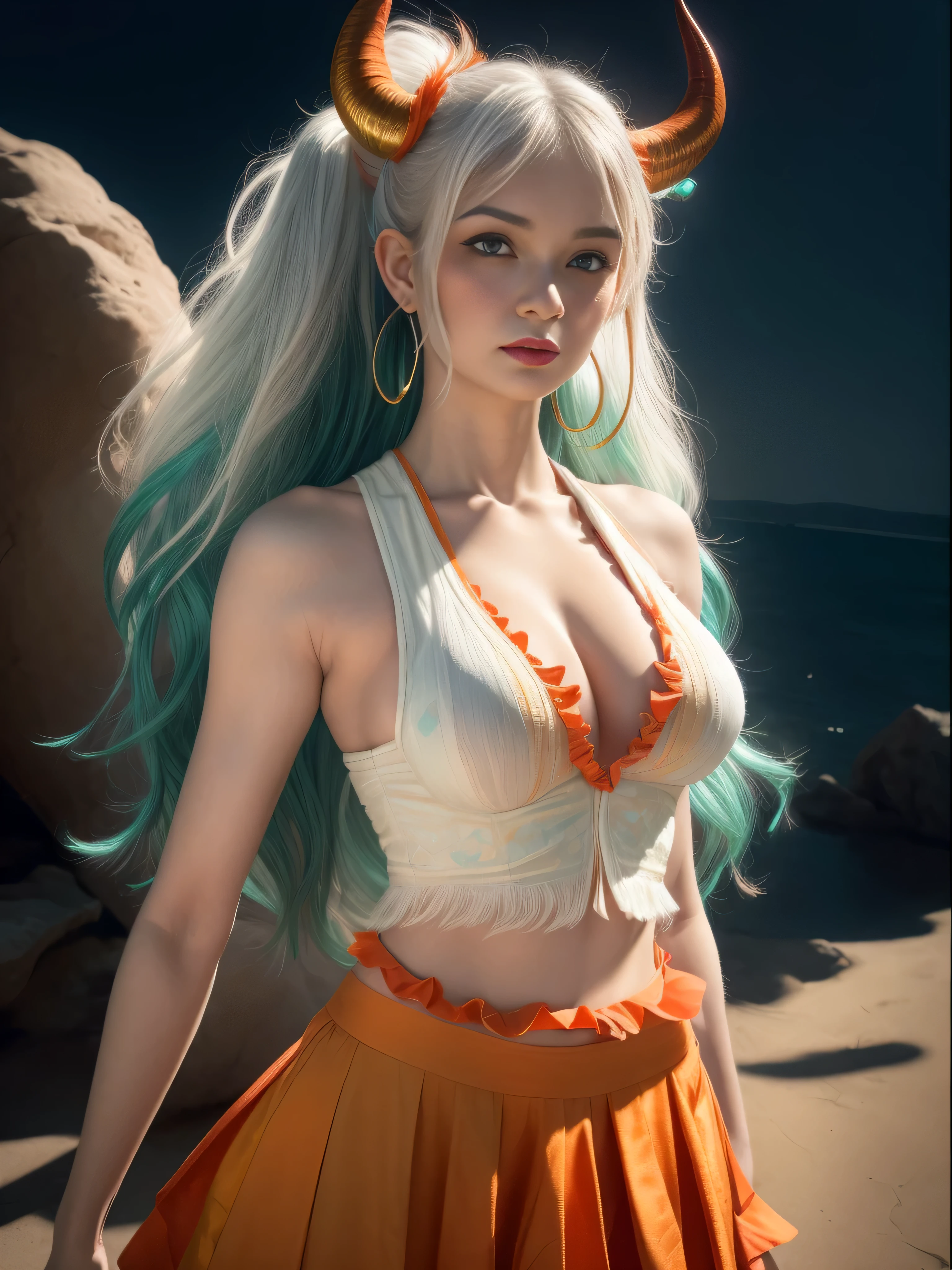 ultra realistic 8k cg, masterpiece, ((ultra detailed background, delicate pattern, intricate detail)), (highly detailed, fine details), best quality, (photorealistic:1.4),beautiful lighting, absurdres, RAW photo, film grain, ((medium breasts, slim girl)), Yamato, long hair, 1girl, horns, white hair, (solo), oni, red horns, curled horns, hair ornament, (multicolored horns), jewelry, earrings, japanese clothes, hair stick, sleeveless, bare shoulders, aqua hair, sidelocks, hoop earrings, white crop top shirt and orange skirt with frills, lustful look, ((orange eyes, slim waist, large breasts)), (complex detailed background, barren land, moon, full body shot), from head to toe, thigh high socks