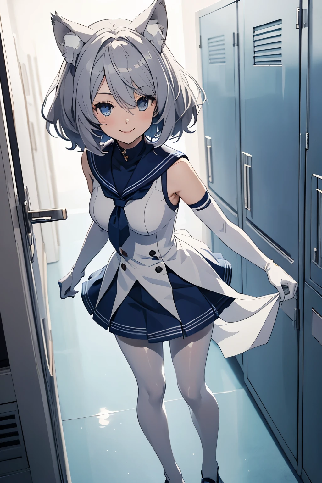 table top best image quality wonderful high detail One Young Woman((adult))anime style full body white sailor suit(sleeveless) navy blue mini skirt lift the skirt white long gloves(elbow gloves) white pantyhose(Plain color) wolf ears short hair((shortcut)(gray hair)(curly hair)(fluffy)) smile(Happy) eye color is blue background(locker room)