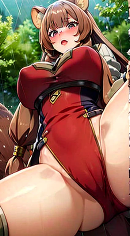 Raphtalia, NSFW, gigantic breasts, in rain, racoon tail, racoon girl, from below, open legs,
