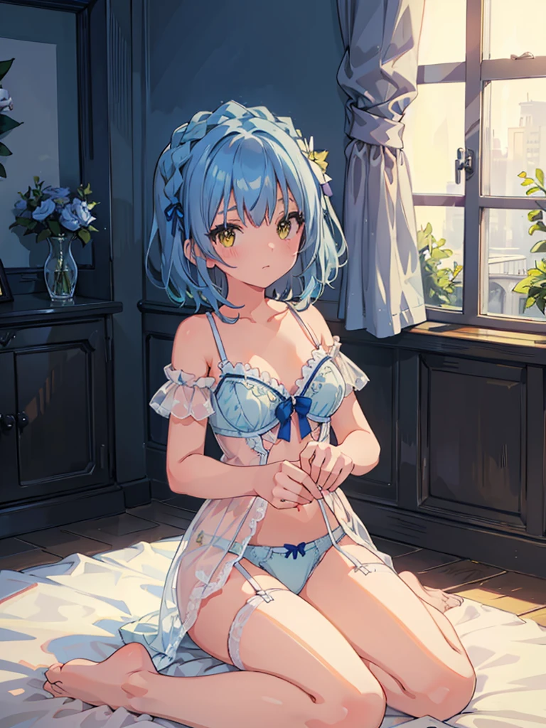 beautiful illustrations, highest quality, pretty girl, 1girl, Bedroom, pastel colour, (two-separated lingerie), blue hair, yellow eyes, cute lingerie, bright lighting