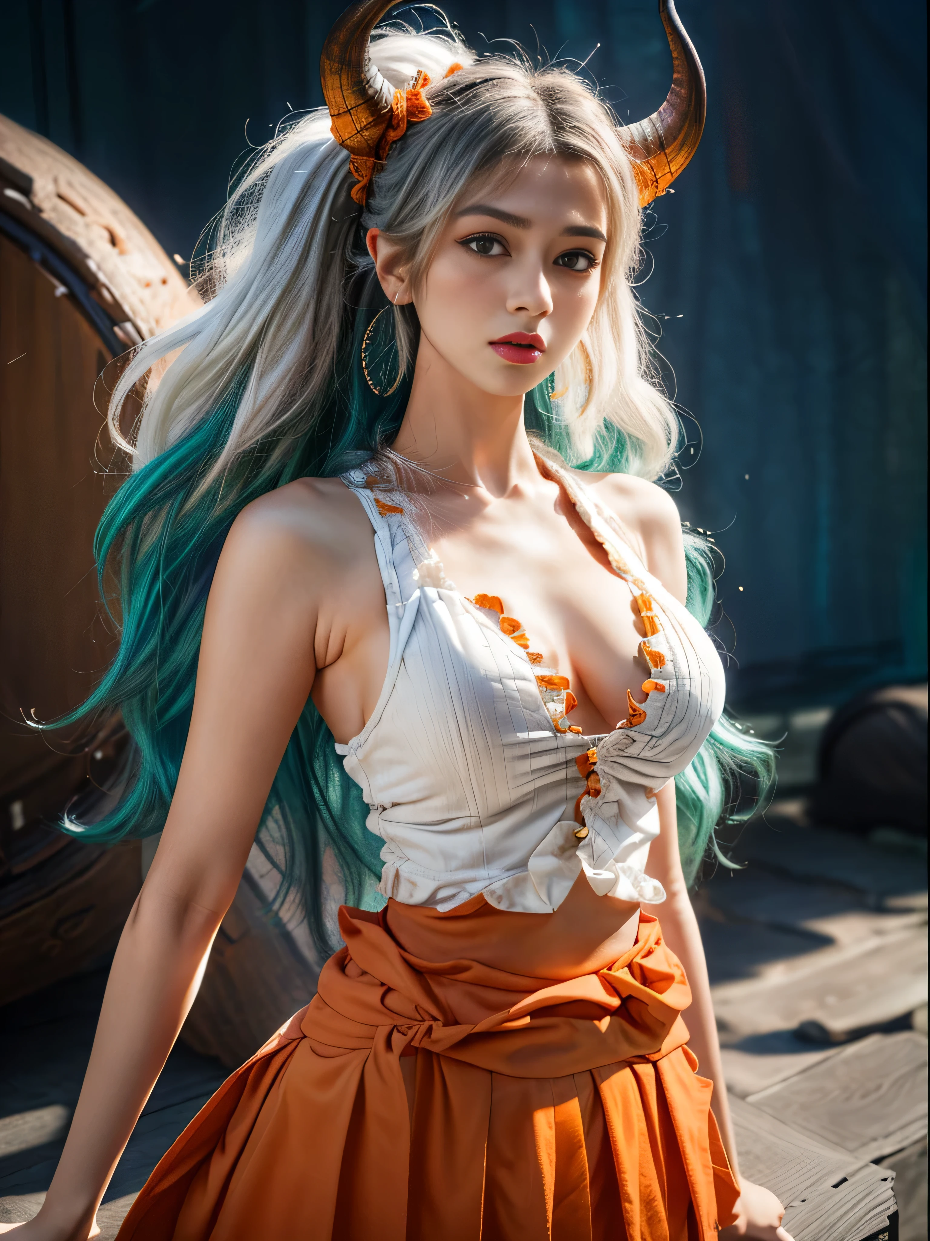 ultra realistic 8k cg, masterpiece, ((ultra detailed background, delicate pattern, intricate detail)), (highly detailed, fine details), best quality, (photorealistic:1.4),beautiful lighting, absurdres, RAW photo, film grain, ((medium breasts, slim girl)), Yamato, long hair, 1girl, horns, white hair, (solo), oni, red horns, curled horns, hair ornament, (multicolored horns), jewelry, earrings, japanese clothes, hair stick, sleeveless, bare shoulders, aqua hair, sidelocks, hoop earrings, white crop top shirt and orange skirt with frills, lustful look, ((orange eyes, slim waist, large breasts)), (complex detailed background, barren land, moon, full body shot), from head to toe, thigh high socks