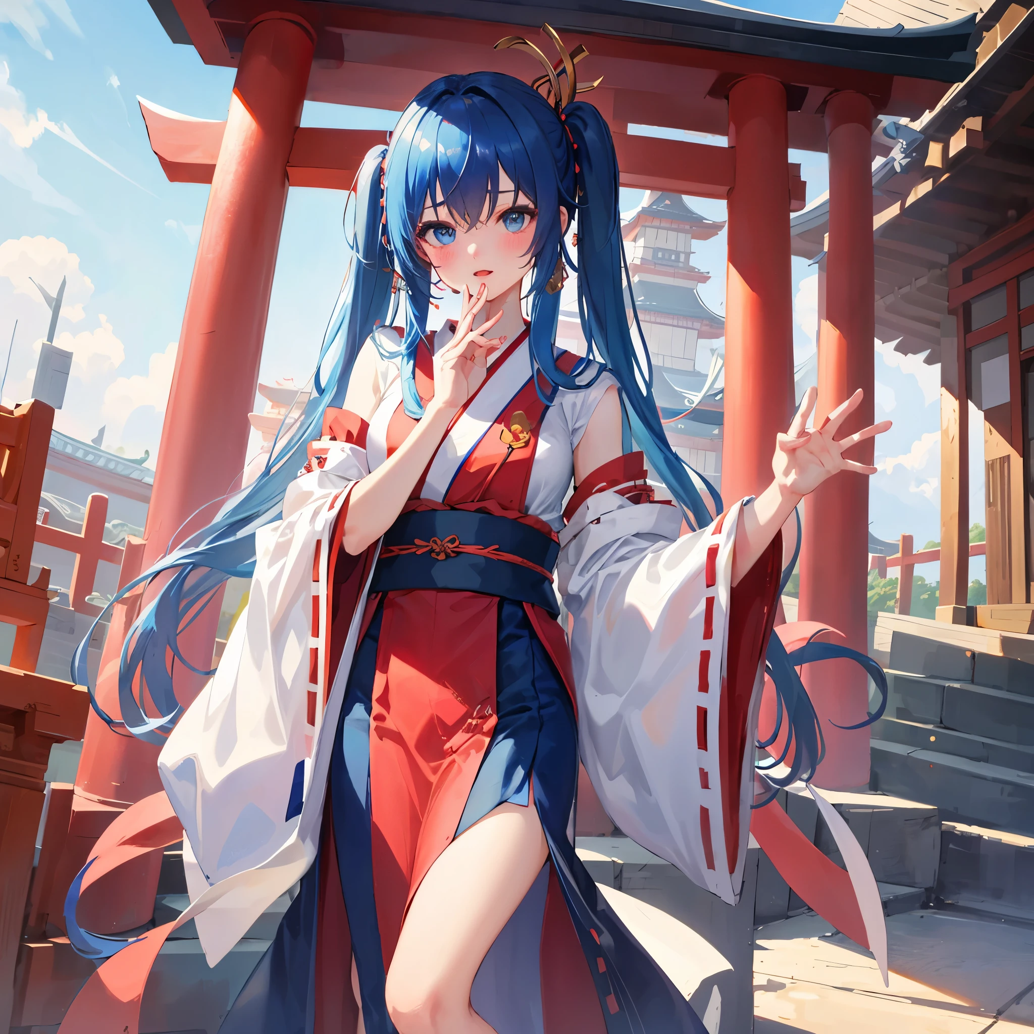 japanese shrine miko、random pose、bright blue hair、８K, highest quality, masterpiece, super detailed、bright blue hair、medium long hair、twin tails、young face、17 years old、full lips、Pale blue eyes、、blush、lipstick、medium breasts、perfect hands、detailed hands、serafuku
