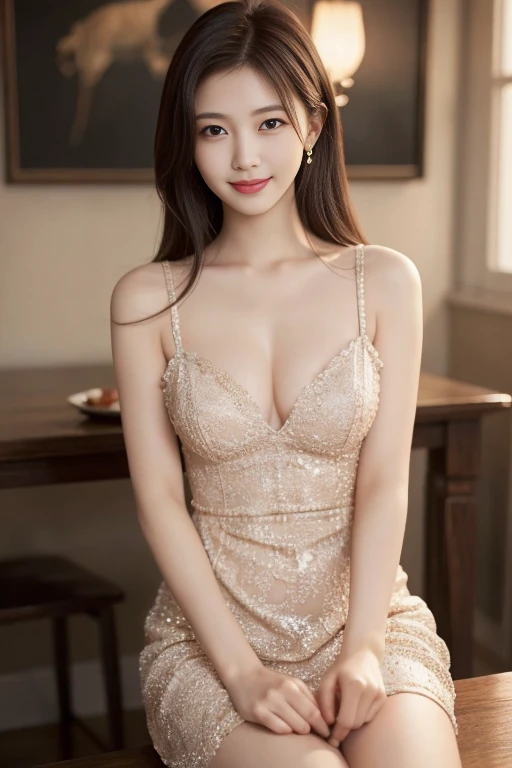 1 girl, (wearing a sexy dress:1.3), (Raw photo, highest quality), (realistic, Photoreal:1.4), table top, very delicate and beautiful, very detailed, 2k wallpaper, wonderful, finely, very detailed CG Unity 8K 壁紙, Super detailed, High resolution, soft light, beautiful detailed girl, very detailed目と顔, beautifully detailed nose, detailed and beautiful eyes, cinematic lighting, perfect anatomy, small, slender body, smile、whole body、thighs、