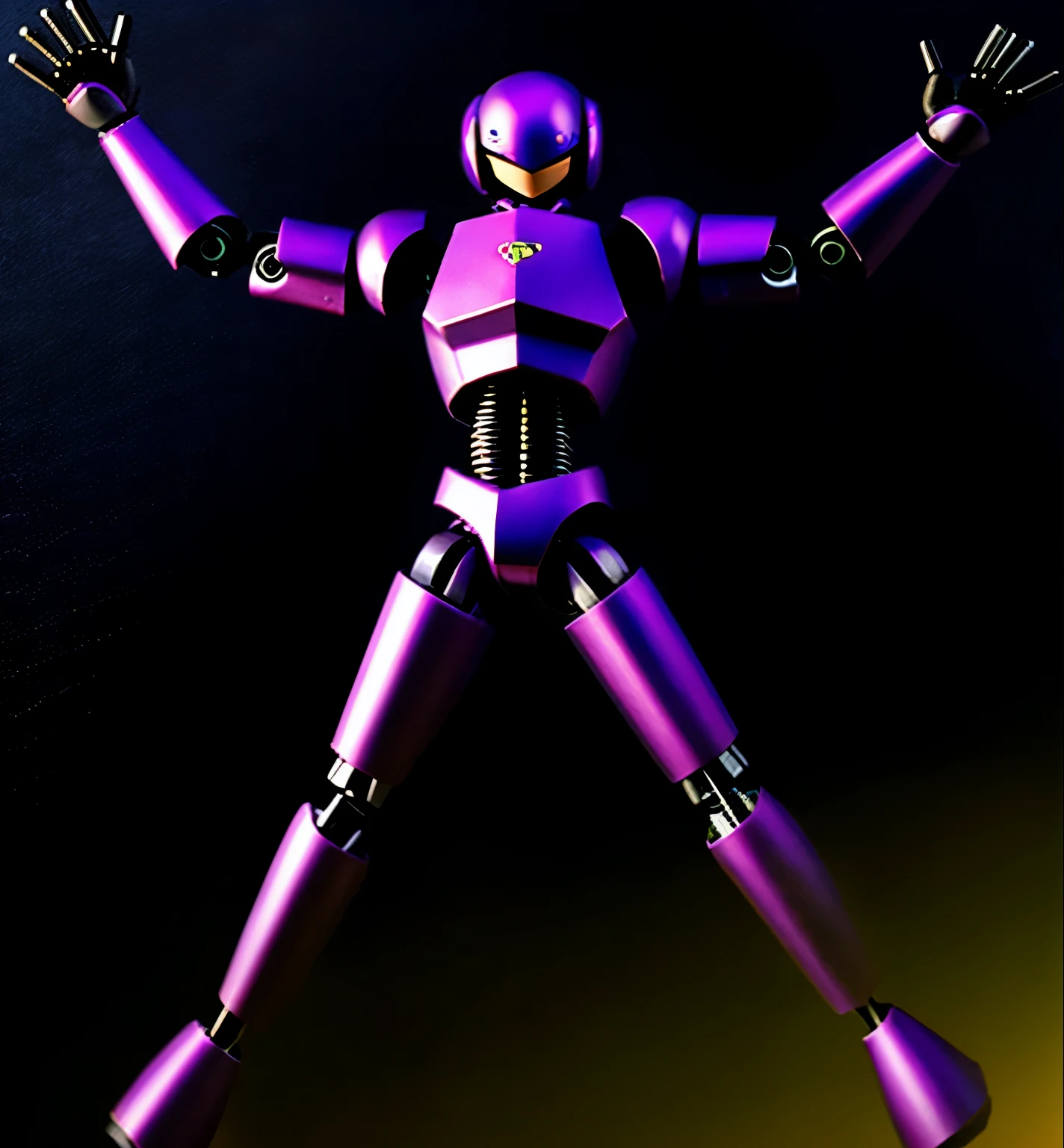Evening background, black iron robot, doll robot, high performance, high quality, armed, sharp armed, thick armor, eyes purple, glowing purple, sharp eyes, rogue robot, sky in background,