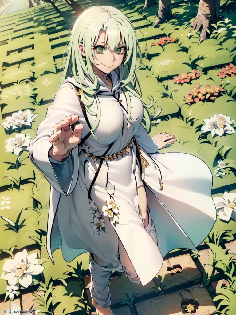 gran calidad ++ Extremely detailed high resolusionolution, very aesthetic, ojos expresivos, (((Cara perfecta))), (((face symmetrical))), ((good anatomy)), (((manos perfectas))), (((8k))), UHD, Fondo de pantalla HD, (((alta calidra detallada, (((((1girl)))))), solamente, Obra maestra, La mejor calidad, high resolusion, Altamente detallado, (illustration), hermosos ojos detallados, (((combatant))), (((((1girl))))), ((((cuerpo completo)))), (((((((illyasviel von einzbern)))))), (((adult body))), (((green hair))), (((((white robe))))), (((barefoot))), Cabello largo y ondulado, (((green eyes))), (((milfication))), (((mature female))), (((((big breasts))))), (((Dedos detallados))), (((Smile))), (((asymmetrical body))), (((asymmetrical hair))), (((asymmetrical clothes))), Dedos precisos, Manos no antinaturales, strange eye, columnas griegas, exterior, (((hermoso bosque majestuoso))), hojas de parra rodeando las columnas, (((arbustos de flores por todas partes))), cielo despejado, bright sunny day, (((bosque celestial))),