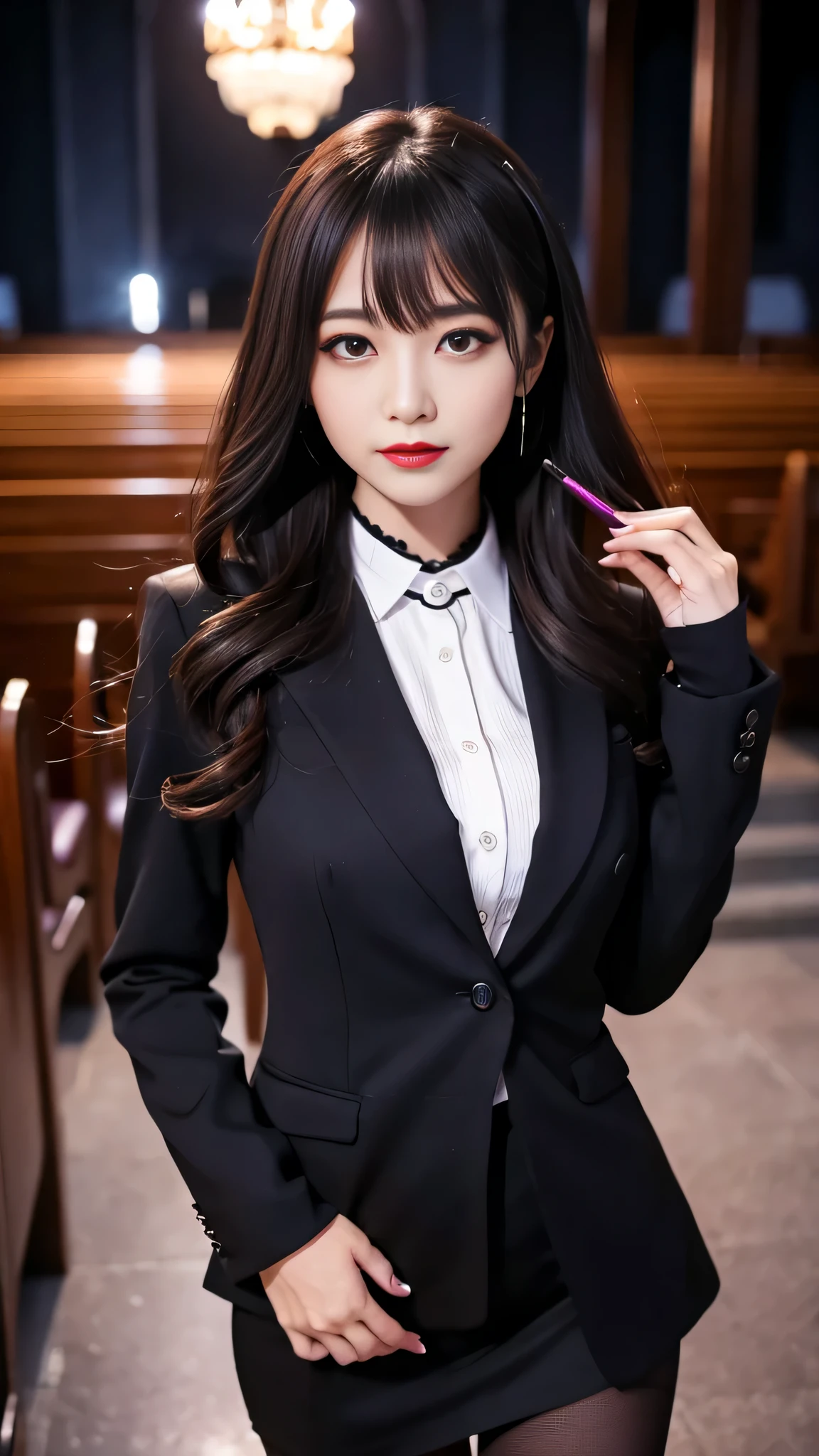 tra-detailed、2girls、Japanese、attractive beauty、seductive adult woman、pretty woman、piercing eyes、cool girl、wavy hair、swept bangs、suit、Jacket、blouse、ribbon、Tight Skirt、pantyhose、beautiful feet、Evil cadres、evil depravity、brainwash、mind control、lipstick、lip gloss、dark makeup、smirk、Evil expression、evil、hollow eyes,half-closed eyes、empty eyes、evil、church at night、vampire、succubus、vampire、Swear allegiance、stand、makeup brush