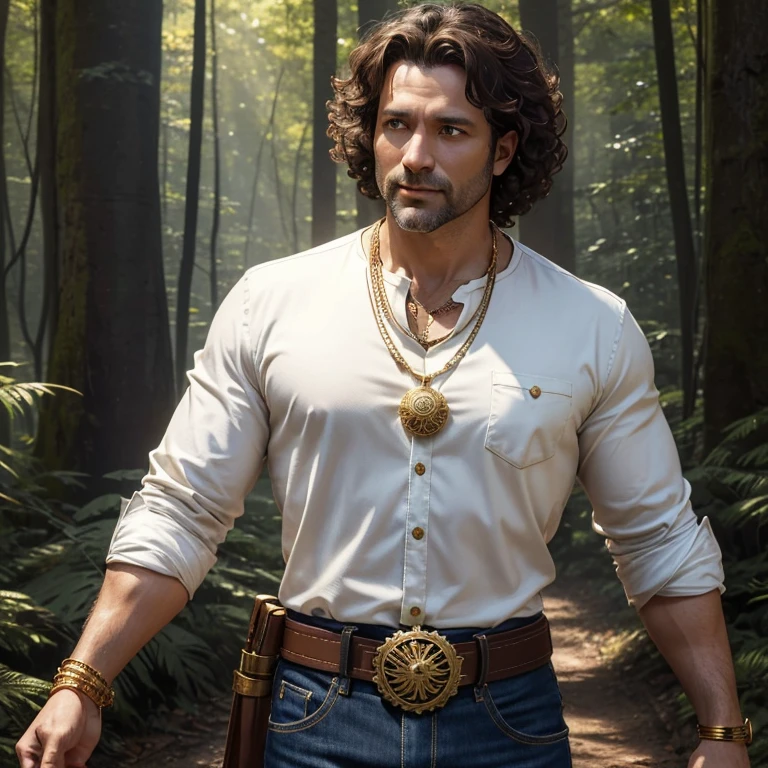 40-year-old man curly brown hair white shirt with gold details blue jeans white belt with druid buckle gold necklace sun symbol gold bracelet looking straight at the viewer in a forest background with a tree with an arcane symbol