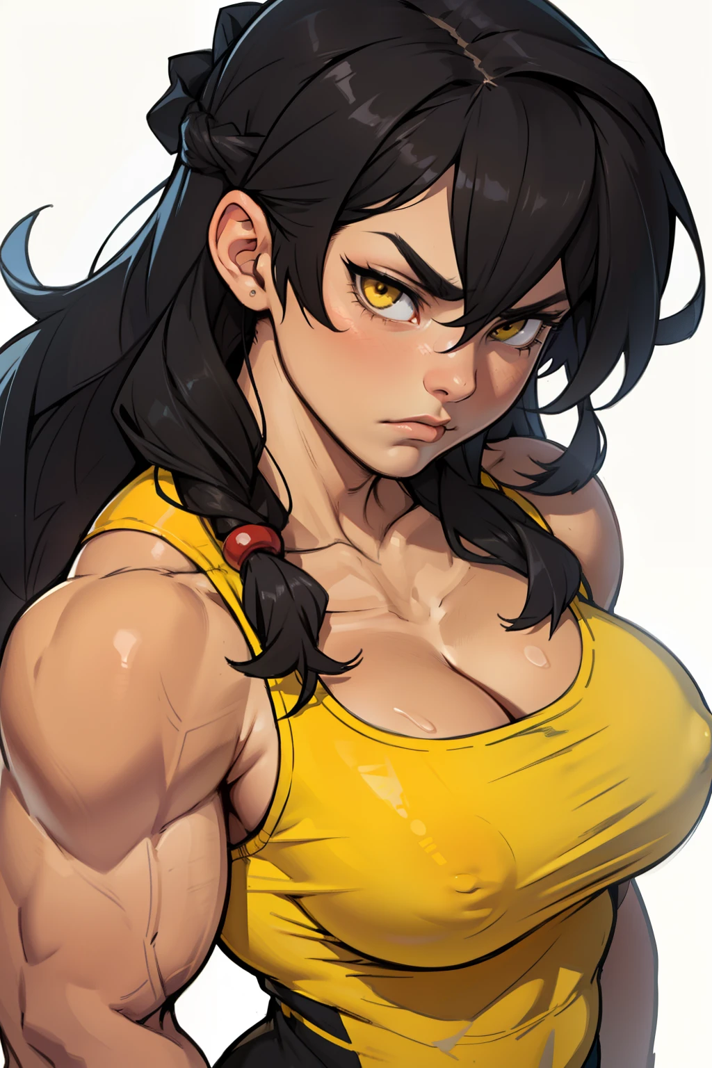 (((((girl))))) (((muscular)))) ((large breasts)) ((thick thick thick)) black hair yellow eyes solo sad frown close up 