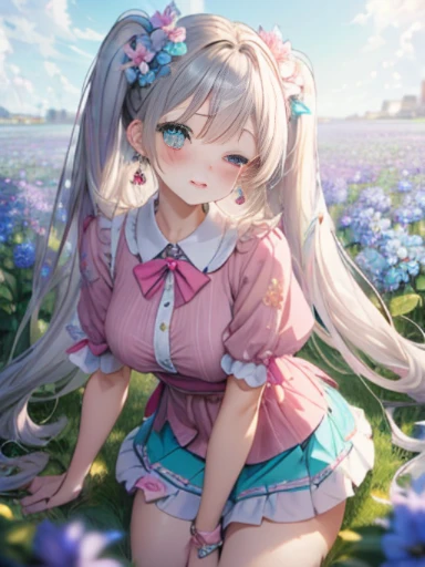 小さなgirl、The arrival of spring、big butt、 (alone:1.5,)Super detailed,bright colors, very beautiful detailed anime face and eyes, look straight, shiny_skin,girl, ((gradation hair、silver long hair,Inner color is red 、forehead is exposed.、shiny hair, delicate beautiful face, blush、(turquoise eyes), White skin, Valletta, earrings,、blue flower field、(((Floral pink outfit、white mini skirt)))、twin tails、narrow your eyes、Half eyes closed