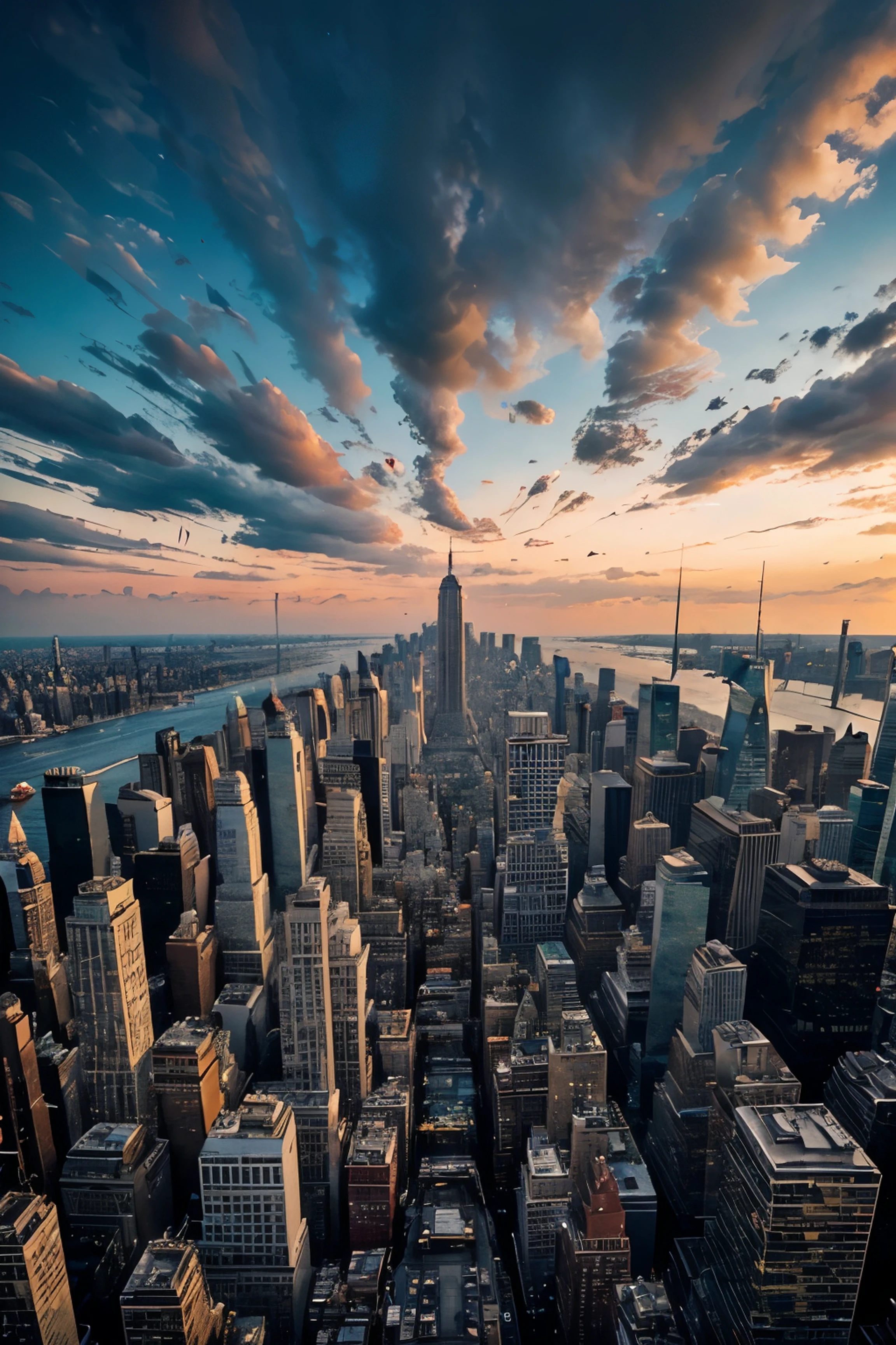 "Create a dynamic and captivating skyline depiction of NEW YORK, utilizing a vibrant palette of colors to convey the city's energy and diversity. Capture the iconic skyscrapers, bustling streets, and the pulsating rhythm of urban life against the backdrop of a colorful sky. Let your imagination soar as you infuse the scene with atmosphere, character, and a sense of awe-inspiring beauty.