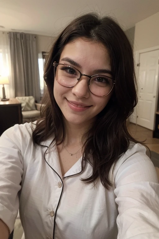 Diana Mora 25 year old Mexican girl with glasses and cute smile photo realistic gamer girl with adorable pajamas taking a selfie using a phone        
 !Phone sin que