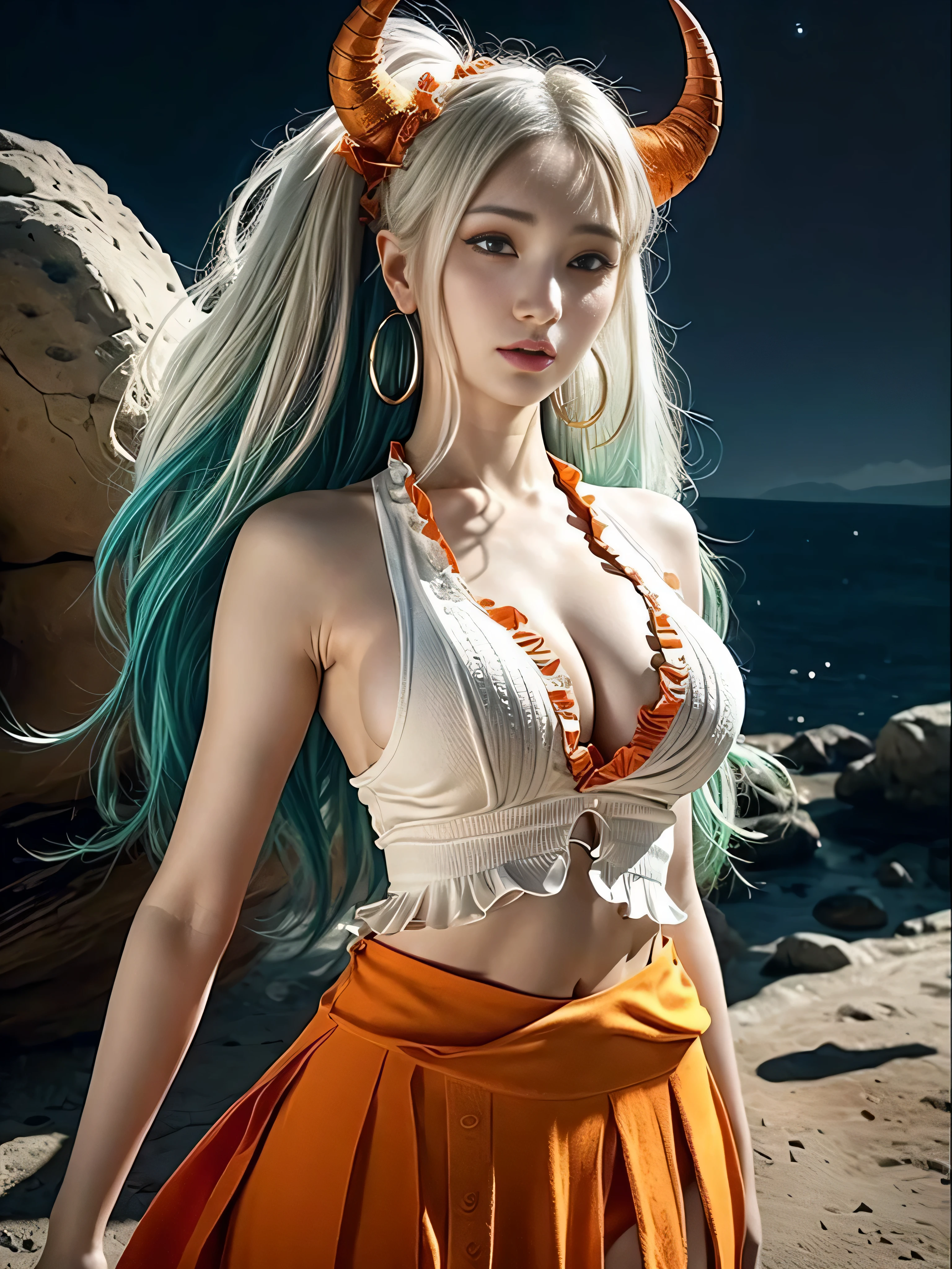 ultra realistic 8k cg, masterpiece, ((ultra detailed background, delicate pattern, intricate detail)), (highly detailed, fine details), best quality, (photorealistic:1.4),beautiful lighting, absurdres, RAW photo, film grain, ((medium breasts, slim girl)), Yamato, long hair, 1girl, horns, white hair, (solo), oni, red horns, curled horns, hair ornament, (multicolored horns), jewelry, earrings, japanese clothes, hair stick, sleeveless, bare shoulders, aqua hair, sidelocks, hoop earrings, white crop top shirt and orange skirt with frills, lustful look, ((orange eyes, slim waist, large breasts)), (complex detailed background, barren land, moon, full body shot), from head to toe, thigh high socks