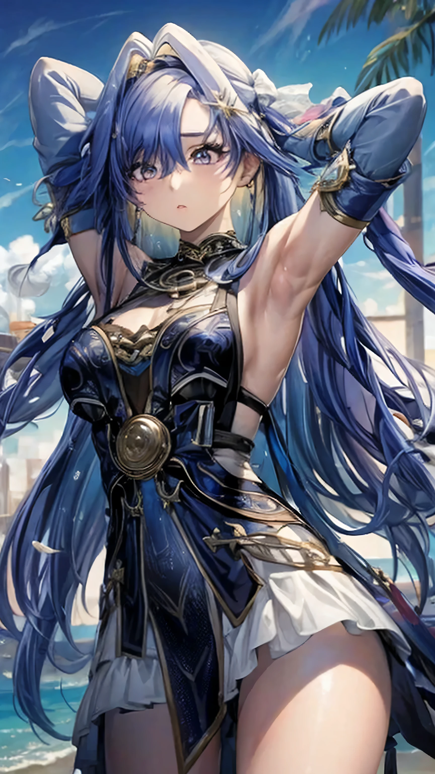 masterpiece, highres, best quality, 1girl solo, cosplay Jing Liu, blue eyes, night blue hair