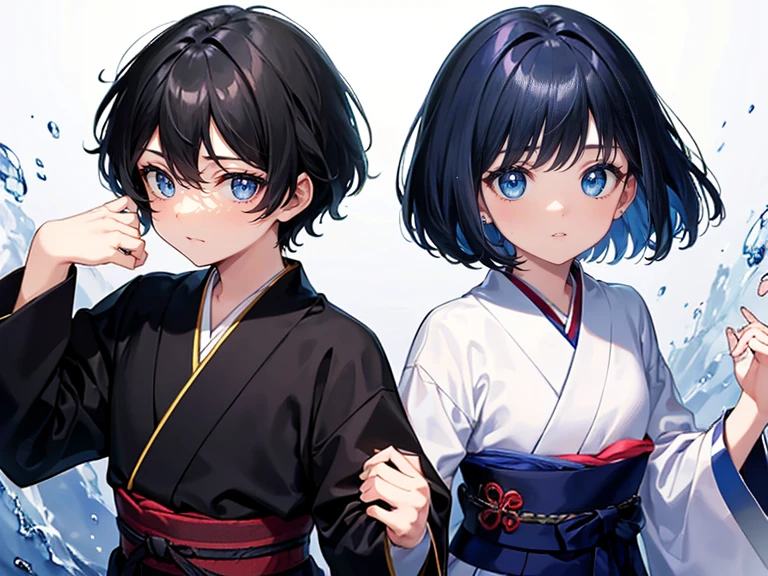 A (masterpiece, of the highest quality, ultra-detailed), featuring ((a 5-year-old girl and a 5-year-old boy)), with black and navy bob-cut hair, finely sculpted facial features, blue eyes, and fair skin, adorned in traditional Japanese kimonos, with sparkling eyes, smiling with mouths open, experiencing the utmost joy, striking dynamic poses ((while running hand in hand)).