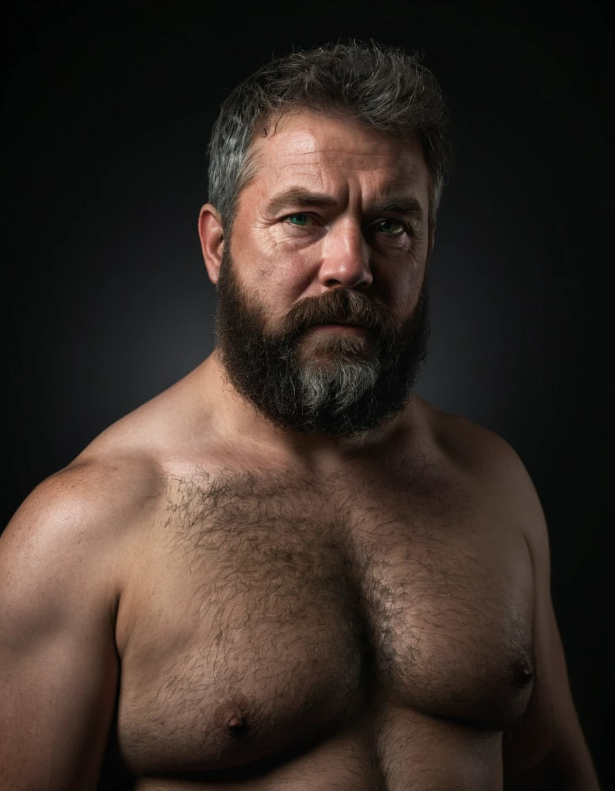 "Capture an 8K, hyperrealistic portrait of a man around 50 years old. He has very short military-style fade haircut, with a rugged beard that gives off a lumberjack vibe. His piercing green eyes gaze directly at the viewer. The scene shows the man from the waist up, revealing his heavily hairy chest and stomach, showcasing a chubby physique. He is shirtless against a deep black background, with a chiaroscuro lighting effect casting dramatic shadows on one side of his face and body. The image should focus on the intricate details of his facial features, beard texture, and chest hair, rendered in the hiperrealista style. Drawing inspiration from Greg Rutkowski's photography, emphasize the contrast between light and shadow, creating a powerful and intimate portrait of this rugged man."